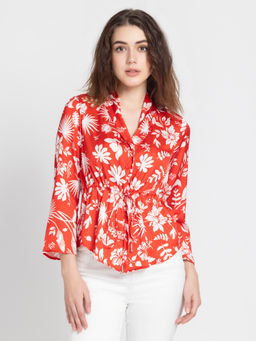 SHAYE - V-Neck Red Floral Print Three Quarter Sleeves Casual Shirt For Women