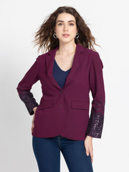 SHAYE - Notched Lapel Collar Purple Embellished Long Sleeves Party Blazer For Women