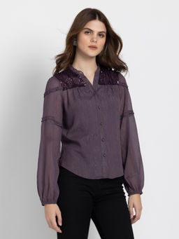 SHAYE - Band Collar Purple Solid Long Sleeves Party Shirt For Women