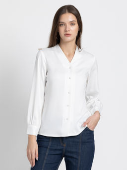 SHAYE - V-Neck White Solid Long Sleeves Casual Shirt For Women