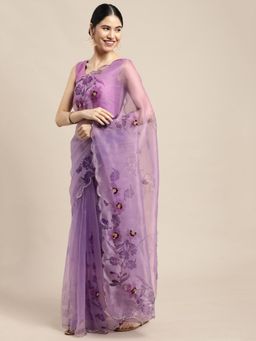 Vastranand - Purple Floral Printed Organza Saree with Unstitched Blouse