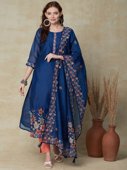 FASHOR - Floral Printed Kurta with Dupatta - Blue (Set of 2)