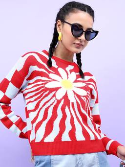 TOKYO TALKIES - Women Red and White Floral Jacquard Pullover Sweater