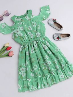 Hopscotch - Green Floral Chiffon Regular Dress