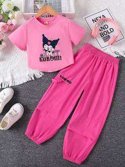 Hopscotch - Pink Printed Cotton Blend Regular T-Shirt and Pant