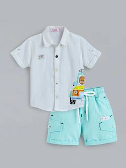 Hopscotch - White Printed Cotton Regular Shirt and Shorts