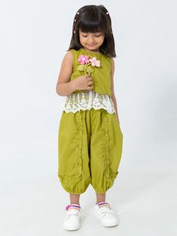 Hopscotch - Green Solid Polyester Blend Regular Top and Pant