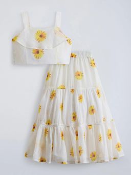 Hopscotch - White Floral Cotton Regular Top and Skirt