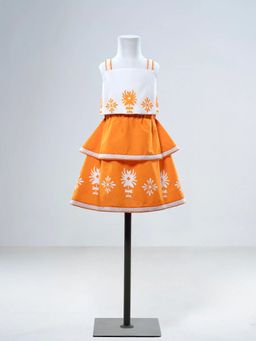 Hopscotch - Orange Printed Cotton Regular Top and Skirt