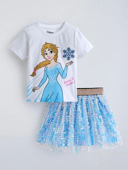 Hopscotch - White Embellished Cotton Regular T-Shirt and Skirt
