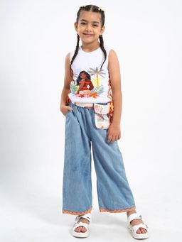 Hopscotch - White Printed Cotton Regular Top with Pant and Bag