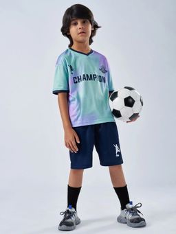 Hopscotch - Navy Blue Printed Polyester Regular T-Shirt and Shorts