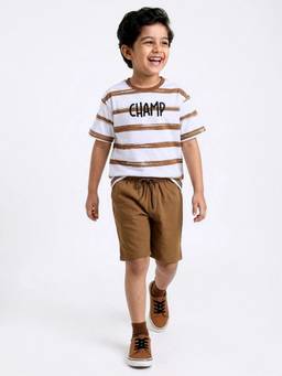 Hopscotch - Brown Printed Cotton Regular T-Shirt and Shorts