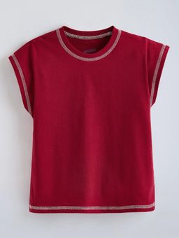 Hopscotch - Red Solid Cotton Regular Tank Top