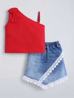 Hopscotch - Red Solid Cotton Regular Top and Skirt