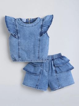 Hopscotch - Blue Solid Cotton Regular Top and Shorts