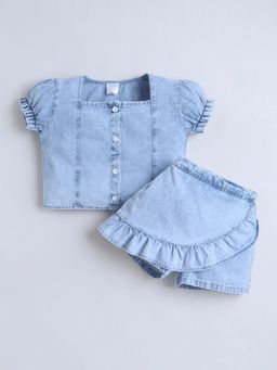 Hopscotch - Blue Solid Cotton Regular Top and Shorts