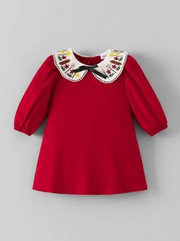 Hopscotch - Red Embroidered Polyester Regular Dress