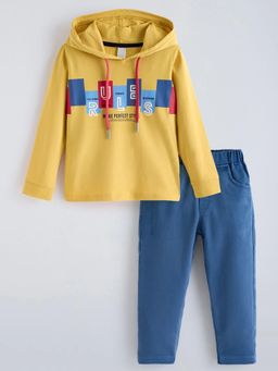 Hopscotch - Yellow Typography Cotton Regular Hoodie and Pant