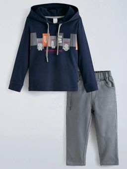 Hopscotch - Navy Blue Typography Cotton Regular Hoodie and Pant