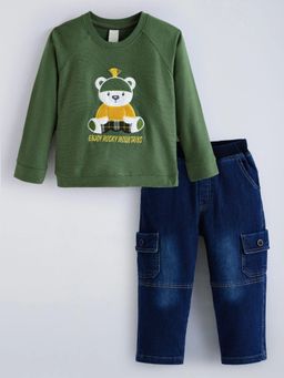 Hopscotch - Green Printed Cotton Regular Sweatshirt and Jeans