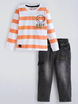 Hopscotch - Orange Stripes Cotton Regular Sweatshirt and Jeans