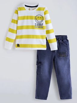 Hopscotch - Yellow Stripes Cotton Regular Sweatshirt and Jeans