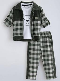 Hopscotch - Green Checks Cotton Blend Regular T-shirt with Jacket and Pant