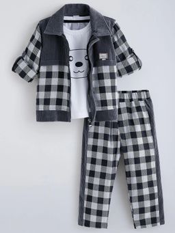 Hopscotch - Navy Blue Checks Cotton Blend Regular T-shirt with Jacket and Pant