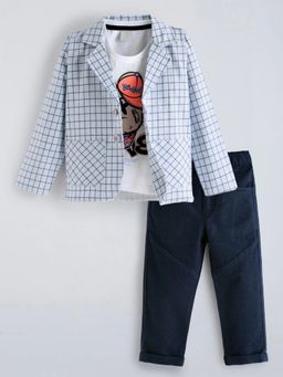 Hopscotch - Blue Checks Cotton Regular T-Shirt with Blazer and Pant