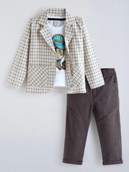 Hopscotch - Beige Checks Cotton Regular T-Shirt with Blazer and Pant
