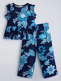 Hopscotch - Navy Blue Floral Cotton Regular Top and Pant