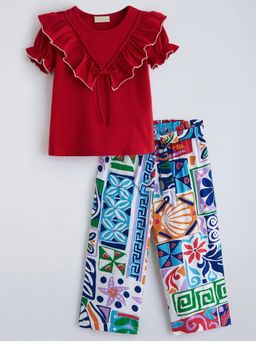 Hopscotch - Red Printed Cotton Regular Top and Pant
