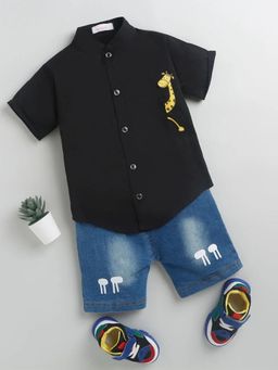 Hopscotch - Black Printed Cotton Regular Shirt and Shorts