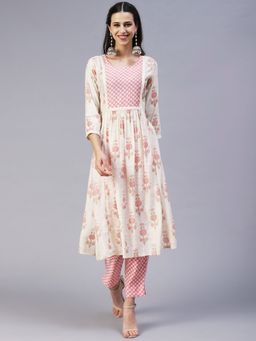 FASHOR - Floral Printed Sequins & Beads Embroidered Kurta with Pants - Off White (Set of 2)