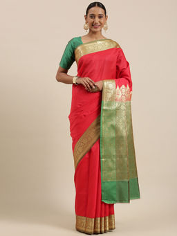 Banarasi Silk Works - Red Valkalam Katan Silk Anchal Saree with Unstitched Blouse