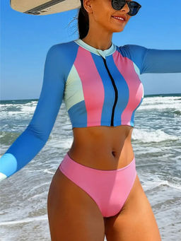 Addery - Vibrant Stripe Rash Guard Swim Top with Panty