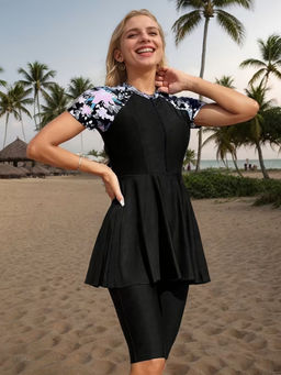 Addery - Floral Sleeve Modest Swim Top With Short