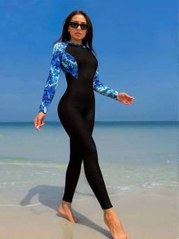 Addery - Full Body Black And Blue Printed Rash Guard Swimsuit