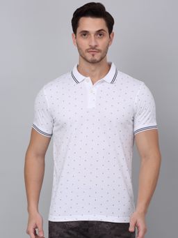 Cantabil - Men White Printed Polo Neck Half Sleeve T-Shirt