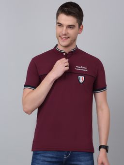 Cantabil - Men Wine Solid Mandarin Collar Half Sleeve T-Shirt