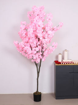 ARICK DECOR - Artificial Pink Blossom Flowers Plant Tree with Pot (6 Feet)