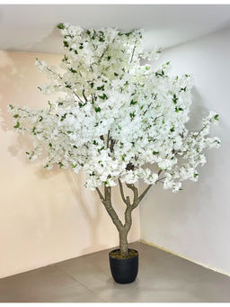 ARICK DECOR - Artificial White Blossom Flowers Plant Trees with Pot (8.2 Feet)