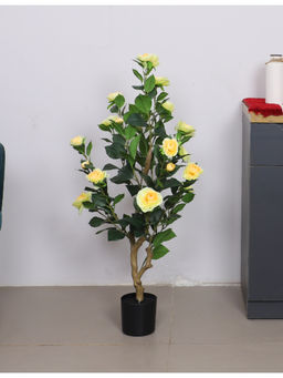 ARICK DECOR - Artificial Yellow Camellia Rose Flowers Fake Plant with Pot (2.7 Feet)