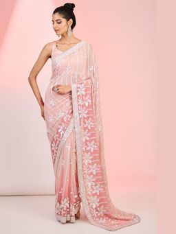 Meenagurnam - Peach Georgette Sequins Embroidered Saree with Stitched Blouse with Stitched