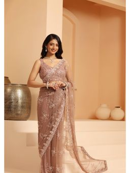 Meenagurnam - Moti Sequin Cutdana Crafted Rose Gold Saree with Stitched Blouse with Stitched