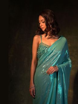 Meenagurnam - Sequin Green Saree with Stitched Blouse with Stitched