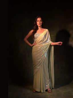 Meenagurnam - Green Net Embroidery Sequin Saree with Stitched Blouse with Blouse with Stitched