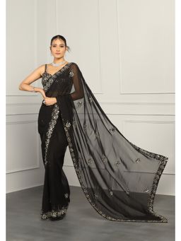 Meenagurnam - Viscose Organza Black Saree with Stitched Blouse with Stitched