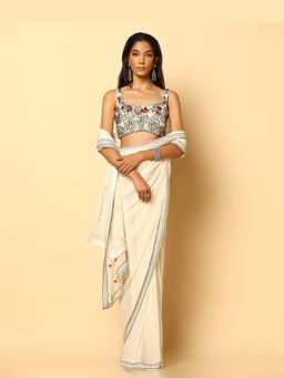 Meenagurnam - Hand Embroidered Ivory Pre-Draped Saree with Stitched Blouse with Stitched